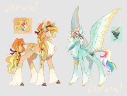 Size: 4000x3000 | Tagged: safe, artist:qpnnn, imported from derpibooru, oc, oc only, earth pony, pegasus, pony, chest fluff, feathered fetlocks, goggles, goggles on head, gray background, magical lesbian spawn, offspring, parent:applejack, parent:rainbow dash, parents:appledash, siblings, simple background, unshorn fetlocks