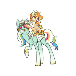 Size: 3000x3000 | Tagged: safe, artist:qpnnn, imported from derpibooru, oc, oc only, earth pony, pegasus, pony, blaze (coat marking), coat markings, duo, facial markings, goggles, goggles on head, magical lesbian spawn, offspring, parent:applejack, parent:rainbow dash, parents:appledash, ponies riding ponies, riding, riding a pony, siblings, simple background, white background