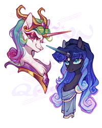 Size: 750x938 | Tagged: safe, artist:qpnnn, idw, imported from derpibooru, princess celestia, princess luna, pony, unicorn, reflections, spoiler:comic, artemis luna, bust, chest fluff, duo, evil celestia, evil counterpart, horn, mirror universe, simple background, solo, white background