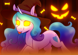 Size: 4093x2894 | Tagged: safe, artist:jellysketch, imported from derpibooru, izzy moonbow, pony, unicorn, candy, commission, female, food, g5, glowing, glowing eyes, halloween, hat, high res, holiday, horn, mare, pumpkin, solo, tail, tongue out, witch hat