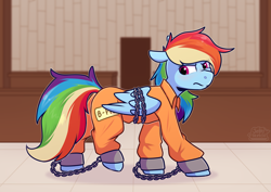 Size: 4093x2894 | Tagged: safe, artist:jellysketch, imported from derpibooru, rainbow dash, pegasus, pony, ankle chain, ankle cuffs, b-f16, bondage, bound wings, butt, chains, clothes, commission, courtroom, cuffs, female, folded wings, grumpy, mare, plot, prison, prison outfit, prisoner, prisoner rd, solo, wings