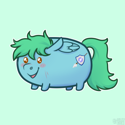 Size: 2000x2000 | Tagged: safe, artist:jellysketch, imported from derpibooru, oc, oc only, pegasus, pony, blush lines, blush sticker, blushing, green background, high res, open mouth, open smile, outline, pegasus oc, potato pony, simple background, smiling, solo, tail, white outline, wings