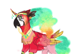 Size: 1600x1200 | Tagged: safe, artist:pjj0, imported from derpibooru, oc, oc only, oc:dawn, bird, griffon, hippogriff, hybrid, parrot, pony, unicorn, curved horn, ethereal mane, ethereal tail, horn, horn jewelry, jewelry, male, parent:princess celestia, peytral, regalia, simple background, solo, tail, white background