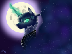 Size: 1596x1200 | Tagged: safe, artist:pjj0, imported from derpibooru, princess luna, alicorn, pony, clothes, curved horn, female, full moon, horn, magic, mare, moon, slit pupils, solo