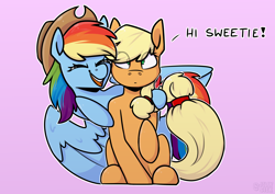 Size: 3508x2480 | Tagged: safe, alternate version, artist:jellysketch, imported from derpibooru, applejack, rainbow dash, earth pony, pegasus, pony, accessory swap, appledash, applejack's hat, cowboy hat, cute, dialogue, duo, duo female, eye clipping through hair, eyes closed, female, happy, hat, hatless, high res, hoof on shoulder, lesbian, mare, missing accessory, open mouth, open smile, raised hoof, raised tail, shipping, sitting, smiling, tail, wings