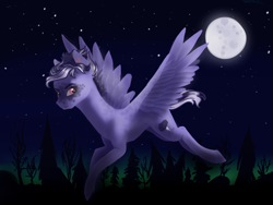 Size: 1600x1200 | Tagged: safe, artist:pjj0, imported from derpibooru, oc, oc only, oc:maelstrom, pegasus, pony, female, flying, full moon, mare, moon, night, solo, spread wings, stars, wings