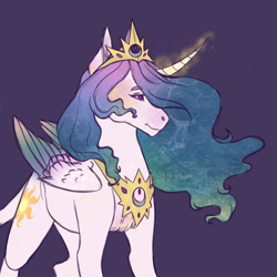 Size: 2449x2449 | Tagged: safe, artist:pjj0, imported from derpibooru, princess celestia, alicorn, pony, colored wings, colored wingtips, curved horn, female, horn, magic, mare, peytral, purple background, simple background, solo, wings