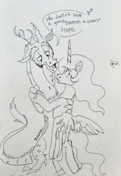 Size: 1414x2048 | Tagged: safe, artist:zoodle, imported from derpibooru, discord, princess celestia, blushing, dancing, dislestia, female, heart, holding hands, looking at each other, looking at someone, male, meta, shipping, sketch, straight, watermark