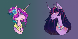 Size: 3464x1732 | Tagged: safe, artist:pjj0, imported from derpibooru, princess cadance, twilight sparkle, alicorn, pony, alternate hairstyle, curved horn, duo, female, flower, flower in hair, hair bun, horn, horn ring, jewelry, mare, peytral, regalia, ring