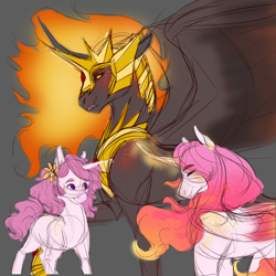 Size: 2449x2449 | Tagged: safe, artist:pjj0, imported from derpibooru, daybreaker, princess celestia, alicorn, pony, colored sketch, colored wings, colored wingtips, curved horn, fangs, female, flower, flower in hair, helmet, horn, mare, peytral, pink-mane celestia, sketch, spread wings, wings