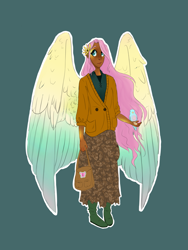 Size: 2121x2828 | Tagged: safe, artist:pjj0, imported from derpibooru, fluttershy, human, bag, cardigan, clothes, dark skin, female, flower, flower in hair, green background, handbag, humanized, simple background, skirt, solo, winged humanization, wings