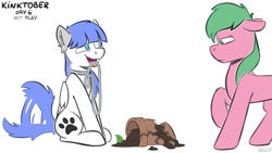 Size: 3840x2160 | Tagged: safe, artist:jellysketch, imported from derpibooru, oc, oc only, oc:pine berry, oc:snow pup, earth pony, pegasus, pony, behaving like a dog, broken, collar, duo, duo female, ear fluff, female, floppy ears, folded wings, glare, happy, kinktober, kinktober 2020, leash, mare, mouth hold, open mouth, open smile, paw prints, pet play, pet tag, raised hoof, simple background, sitting, smiling, standing, tail, tail wag, white background, wings