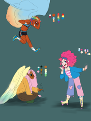 Size: 2121x2828 | Tagged: safe, artist:pjj0, imported from derpibooru, fluttershy, pinkie pie, rainbow dash, bird, human, clothes, dark skin, elf ears, female, flying, green background, hairband, humanized, reference sheet, roller skates, shorts, simple background, sitting, skates, sports bra, sports shorts, spread wings, trio, winged humanization, wings