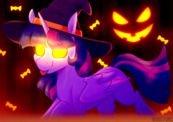 Size: 4093x2894 | Tagged: safe, artist:jellysketch, imported from derpibooru, twilight sparkle, alicorn, pony, candy, female, food, glowing, glowing eyes, halloween, hat, high res, holiday, horn, mare, pumpkin, solo, tail, tongue out, twilight sparkle (alicorn), wings, witch hat