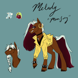 Size: 1024x1024 | Tagged: safe, artist:pjj0, imported from derpibooru, oc, oc only, oc:melody, oc:moon song, earth pony, pony, braid, choker, clothes, ear piercing, earring, female, green background, jacket, jewelry, mare, necklace, piercing, simple background, solo, spiked wristband, unshorn fetlocks, wristband