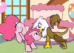 Size: 4093x2894 | Tagged: safe, artist:jellysketch, imported from derpibooru, gilda, pinkie pie, earth pony, griffon, pony, griffon the brush off, balloon, cake, duo, duo female, eye contact, female, food, high res, indoors, looking at each other, looking at someone, mare, my little pony, scene interpretation, tail, window