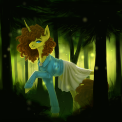 Size: 1024x1024 | Tagged: safe, artist:pjj0, imported from derpibooru, oc, oc only, pony, unicorn, clothes, female, forest, horn, jewelry, leonine tail, mare, nature, necklace, skirt, solo, tail, tree