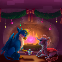 Size: 1024x1024 | Tagged: safe, artist:bluebrushcreations, imported from derpibooru, gallus, ocellus, changedling, changeling, griffon, alternate design, blushing, chimney, christmas decoration, commission, cute, cute little fangs, diaocelles, duo, fangs, female, fire, fire of friendship, fireplace, fluffy, gallabetes, looking away, luslus, male, present, realistic, realistic anatomy, shipping, straight