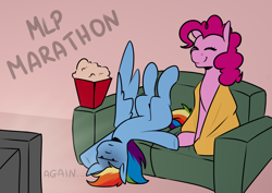 Size: 4093x2894 | Tagged: safe, artist:jellysketch, imported from derpibooru, pinkie pie, rainbow dash, earth pony, pegasus, pony, couch, duo, duo female, eyes closed, female, food, in-universe pegasister, mare, popcorn, sitting, smiling, television, text, upside down, wings