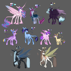 Size: 1024x1024 | Tagged: safe, artist:pjj0, imported from derpibooru, princess flurry heart, oc, oc:agape, oc:eros, oc:lutus, oc:mania, oc:philautia, oc:philia, oc:storge, alicorn, changeling, changeling queen, earth pony, hybrid, pegasus, pony, unicorn, black sclera, cape, clothes, ear piercing, earring, eye scar, facial scar, female, gray background, hair bun, horn, jewelry, leonine tail, male, mare, next generation, older, older flurry heart, parent:princess cadance, piercing, reference sheet, scar, simple background, slit pupils, spread wings, stallion, tail, unshorn fetlocks, wings