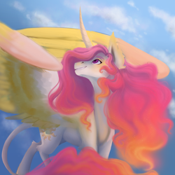 Size: 1024x1024 | Tagged: safe, artist:pjj0, imported from derpibooru, princess celestia, alicorn, pony, female, leonine tail, mare, pink-mane celestia, solo, spread wings, tail, wings