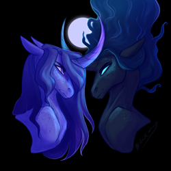 Size: 1024x1024 | Tagged: safe, artist:pjj0, imported from derpibooru, nightmare moon, princess luna, alicorn, pony, blank eyes, curved horn, duality, female, full moon, horn, mare, moon