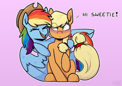 Size: 3508x2480 | Tagged: safe, artist:jellysketch, imported from derpibooru, applejack, rainbow dash, earth pony, pegasus, pony, accessory swap, appledash, applejack's hat, blushing, cowboy hat, cute, dialogue, duo, duo female, eye clipping through hair, eyes closed, female, happy, hat, hatless, high res, hoof on shoulder, lesbian, mare, missing accessory, open mouth, open smile, raised hoof, raised tail, shipping, sitting, smiling, tail, wings