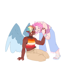 Size: 1024x1024 | Tagged: safe, artist:pjj0, imported from derpibooru, pinkie pie, rainbow dash, human, bandaid, dark skin, duo, ear piercing, earring, elf ears, female, humanized, jewelry, lesbian pride flag, pansexual pride flag, piercing, pride, pride flag, simple background, sitting, transparent background, winged humanization, wings