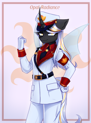 Size: 2229x3000 | Tagged: safe, artist:opal_radiance, imported from derpibooru, oc, anthro, changeling, changeling oc, clothes, solar empire, solo, uniform