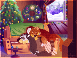 Size: 2048x1536 | Tagged: safe, artist:mrraapeti, imported from derpibooru, oc, oc only, oc:pavlos, griffon, christmas, christmas tree, christmas wreath, couch, duo, fireplace, griffon oc, holiday, sleeping, snow, string lights, tree, window, wreath