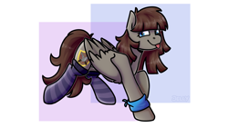 Size: 3840x2160 | Tagged: safe, artist:jellysketch, imported from derpibooru, oc, oc only, oc:ru, pegasus, pony, clothes, female, folded wings, high res, looking at you, mare, pegasus oc, smiling, smiling at you, socks, solo, striped socks, tail, tongue out, wings