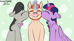 Size: 3840x2160 | Tagged: safe, artist:jellysketch, imported from derpibooru, octavia melody, twilight sparkle, oc, oc:scribble notes, alicorn, earth pony, pony, unicorn, beard, blushing, bow, bowtie, canon x oc, cheek kiss, eyes closed, facial hair, floppy ears, folded wings, glasses, glowing, glowing horn, high res, horn, kinktober, kinktober 2020, kiss on the cheek, kiss sandwich, kissing, magic, magic aura, octavia's bowtie, rule 63, simple background, smiling, trio, twilight sparkle (alicorn), unicorn oc, wings