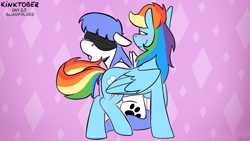 Size: 3840x2160 | Tagged: safe, artist:jellysketch, imported from derpibooru, rainbow dash, oc, oc:snow pup, pegasus, pony, abstract background, blindfold, blushing, canon x oc, duo, duo female, female, floppy ears, kinktober, kinktober 2020, lesbian, looking at someone, mare, open mouth, pegasus oc, shipping, sitting, smiling, tail, wings