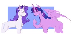 Size: 1878x893 | Tagged: safe, artist:killektric, imported from derpibooru, rarity, twilight sparkle, alicorn, pony, unicorn, alternate hairstyle, blushing, chest fluff, duo, duo female, eyes closed, eyeshadow, female, grin, horn, lesbian, makeup, mare, rarilight, shipping, smiling, twilight sparkle (alicorn), unshorn fetlocks