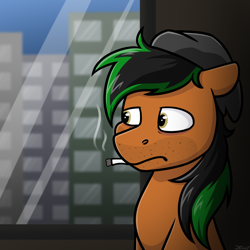 Size: 3000x3000 | Tagged: safe, artist:jellysketch, imported from derpibooru, oc, oc only, oc:patutu, earth pony, pony, cigarette, city, cityscape, earth pony oc, hat, high res, male, smoking, solo, stallion