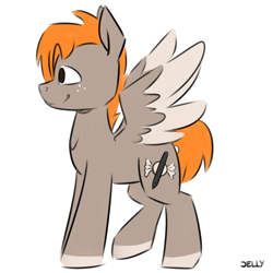 Size: 3000x3000 | Tagged: safe, artist:jellysketch, imported from derpibooru, oc, oc only, oc:carmel, pegasus, pony, freckles, high res, pegasus oc, profile, side view, simple background, smiling, solo, spread wings, tail, white background, wings