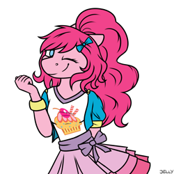 Size: 3000x3000 | Tagged: safe, artist:jellysketch, imported from derpibooru, pinkie pie, anthro, earth pony, clothes, high res, looking at you, one eye closed, simple background, smiling, smiling at you, white background, wink, winking at you