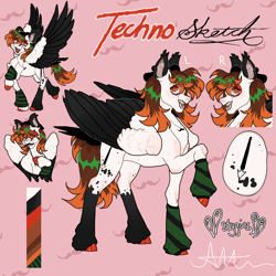 Size: 2160x2160 | Tagged: safe, artist:stygios, imported from derpibooru, oc, oc only, oc:techno sketch, pegasus, pony, arm warmers, clothes, colored wings, colored wingtips, fake moustache, reference sheet, solo, spread wings, unshorn fetlocks, wings