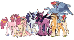 Size: 780x418 | Tagged: safe, artist:stygios, imported from derpibooru, applejack, fluttershy, pinkie pie, rainbow dash, rarity, twilight sparkle, alicorn, earth pony, pegasus, pony, unicorn, braid, braided tail, chest fluff, female, flying, glasses, horn, leonine tail, magic, mane six, mare, simple background, sitting, tail, twilight sparkle (alicorn), unshorn fetlocks, white background