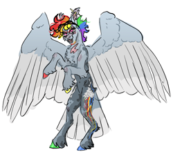 Size: 780x685 | Tagged: safe, artist:stygios, imported from derpibooru, rainbow dash, pegasus, pony, alternate design, aviator goggles, chest fluff, ear piercing, earring, eye scar, facial scar, fangs, female, goggles, goggles on head, jewelry, mare, nose piercing, nose ring, open mouth, piercing, rearing, scar, simple background, solo, spread wings, unshorn fetlocks, white background, wings