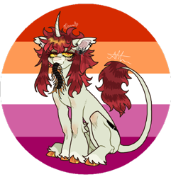 Size: 780x809 | Tagged: safe, artist:stygios, imported from derpibooru, oc, oc only, centipede, pony, spider, unicorn, curved horn, ear piercing, earring, female, horn, jewelry, leonine tail, lesbian pride flag, mare, piercing, ponies eating insects, pride, pride flag, sitting, slit pupils, solo, tail, unshorn fetlocks