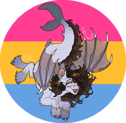 Size: 780x763 | Tagged: safe, artist:stygios, imported from derpibooru, oc, oc only, hybrid, merpony, pony, bracelet, ear piercing, earring, fangs, female, flying, jewelry, mare, nose piercing, pansexual pride flag, piercing, pride, pride flag, ring, solo, tail, tail piercing, tail ring, unshorn fetlocks, wing piercing, wings