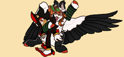 Size: 780x358 | Tagged: safe, artist:stygios, imported from derpibooru, oc, oc only, hedgehog, pegasus, pony, arm warmers, clothes, colored wings, colored wingtips, duo, male, open mouth, shadow the hedgehog, sonic the hedgehog (series), spread wings, wings