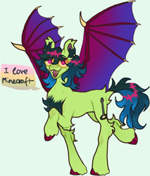 Size: 780x914 | Tagged: safe, artist:stygios, imported from derpibooru, oc, oc only, bat pony, pony, chest fluff, dialogue, fangs, green background, simple background, solo, speech bubble, spread wings, wings