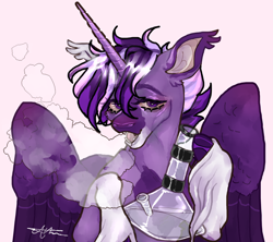 Size: 780x694 | Tagged: safe, artist:stygios, imported from derpibooru, oc, oc only, alicorn, pony, alicorn oc, bong, drug use, drugs, fangs, horn, male, marijuana, simple background, smoking, solo, stallion, unshorn fetlocks, wings