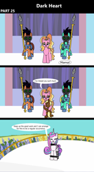 Size: 1920x3516 | Tagged: safe, artist:platinumdrop, imported from derpibooru, luster dawn, princess flurry heart, oc, alicorn, earth pony, pony, unicorn, comic:dark heart, 3 panel comic, alternate timeline, armor, balcony, collar, colt, comic, commission, crying, crystal empire, dialogue, evil flurry heart, eyes closed, female, foal, folded wings, glowing, glowing eyes, guard, happy, helmet, horn, horn ring, jewelry, looking at each other, looking at someone, looking at you, magic suppression, male, mare, mind control, mother and child, mother and son, offscreen character, older, older flurry heart, open mouth, regalia, ring, slave, slave collar, smiling, smug, sombra soldier, spear, speech bubble, spiked collar, spiked wristband, stallion, tears of joy, victorious villain, weapon, wings, wristband