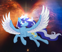 Size: 3288x2784 | Tagged: safe, artist:jesterofdestiny, imported from derpibooru, minuette, alicorn, alicornified, ethereal mane, james webb space telescope, lens flare, minuetticorn, nebula, protostar, race swap, smiling, solo, space, spread wings, starry mane, starry wings, wings