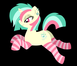 Size: 2975x2541 | Tagged: safe, artist:catponything, imported from derpibooru, oc, oc only, oc:chamomile dreams, pony, unicorn, bedroom eyes, clothes, ear piercing, earring, female, gauges, horn, jewelry, lying down, mare, piercing, prone, short mane, smiling, socks, solo, striped socks