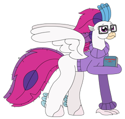 Size: 2466x2350 | Tagged: safe, artist:supahdonarudo, imported from derpibooru, queen novo, classical hippogriff, hippogriff, my little pony: the movie, adorkable, book, clothes, cute, dork, female, glasses, holding, nerd, novobetes, simple background, sweater, transparent background