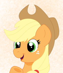 Size: 1507x1750 | Tagged: safe, artist:sparkly-retsuko, imported from derpibooru, applejack, earth pony, pony, bust, open mouth, open smile, portrait, simple background, smiling, solo, underhoof, yellow background